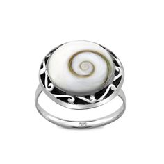 925 Sterling Silver Oxidized Round Shiva Eye Ring Silver Jewelry CODE: SER11 Material: 925 Sterling Silver Gem Stone: SHIVA EYE Weight: 4.11 Gram Top Size: 17mm Ring Size: 6,7,8,9 Finishing: silver Price : Per Pcs Handmade Sterling Silver Ring with a polished natural shiva eye shell. Shiva Eye Shell is a natural sea fossil, also called Ojo Santa Lucía, and is considered a good luck and positive energy Stone. This shell is the a perfect present for all those women who loves the natural beauty. Th Symbolic White Round Jewelry, White Sterling Silver Ring With Polished Finish, White Sterling Silver Rings With Polished Finish, Sterling Silver Stackable White Rings, Spiral Sterling Silver Ring Stamped 925, Symbolic White Sterling Silver Rings, Stackable Sterling Silver Rings In White, Stackable White Sterling Silver Rings, Sterling Silver Cabochon Rings