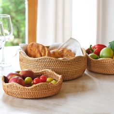 PRICES MAY VARY. Exquisite Vietnamese Fruit Basket: Meticulously handwoven from premium Vietnamese rattan, this wicker storage basket, designed as a fruit basket for kitchen, features a scalloped tray design that combines enduring strength with craftsmanship. Decorative Size Variety Food Baskets: Offered in 3 refined sizes—Small: 7.9 x 7.9 x 2.6 inches Medium: 9 x 9 x 3.5 inches Large: 10.2 x 10.2 x 4 inches—this scalloped woven basket, ideal as a harvest basket, blends into diverse settings. Elegant and Space-Conscious Woven Baskets: The food basket’s lightweight and compact construction ensures effortless storage and stylish efficiency, making it ideal as a basket for decor, potato storage, and vegetable baskets for the kitchen. Distinctive Wave-Edge Bread Bowl: Adorned with wave-edge, t Kitchen Basket Ideas, Countertop Fruit Storage, Scalloped Tray, September Holidays, Variety Food, Potato Storage, Food Baskets, Basket For Kitchen, Wooden Fruit Bowl