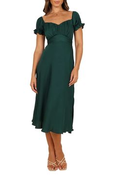 Petal & Pup Mickenna Frill Tie Back Midi Dress | Nordstrom Green Flutter Sleeve Dress, Short Sleeve Midi Dress Formal, Soft Natural Formal Outfits, Fitted Satin Knee-length Midi Dress, Evening Dress With Flutter Sleeves, Solid Color Evening Dress With Flutter Sleeves, Green Short Sleeve Midi Dress For Evening, Solid Color Summer Midi Dress For Dinner, Solid Color Short Sleeve Midi Dress For Cocktail