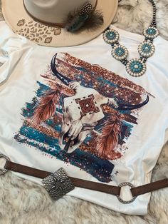 Tribe Bullhead Feathers Print Western Cowboy Shirt Women Country Music Shirt Crew Neck Short Sleeve Vintage Top T-Shirt Material: Cotton Blend Color: White Country Music Shirt, Western Graphic Tees, Country Music Shirts, Cowboy Shirt, Cowboys Shirt, Graphic Tee Shirt, Ladies Tee Shirts, Feather Print, Top T Shirt