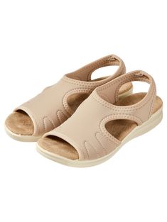 Treat your feet to stretch-to-fit comfort! These casual sandals are crafted with stretch Lycra, so when you slip them on, they form to your feet for a custom fit. No more worries about accommodating various foot issues! They're made in Italy and are well-crafted for heel-to-toe comfort and a touch of style. Easy slingback style Supportive microfiber anatomic insole Slip-proof, antishock, flexible polyurethane outsole Stretch lycra construction with stitching detailing Spot clean 1-1/2" heel Made in Italy | Women's Slingback Stretch Sandal - Beige - 35 - The Vermont Country Store Beige Slip-on Sandals With Cushioned Footbed, Comfortable Beige Slip-on Sandals, Comfortable Beige Sandals With Ortholite Insole, Beige Slip-on Sandals With Arch Support, Comfortable Slip-resistant Synthetic Sandals, Comfortable Slip-on Sandals, Comfortable Beige Sandals With Removable Insole, Comfortable Sport Sandals With Ortholite Insole And Slip-on Design, Comfortable Beige Slingback Sandals