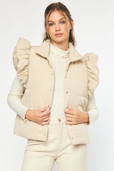 Be warm and toasty while looking oh-so chic in this adorable "Oh My Flutter Sleeve Puffer Vest" - it's an 'oh' moment in every way! With quilted ruffles, pockets, and a collared button up, this cute and stylish vest will keep you cozy and give your look a punch of sass! Fits true to size. Sweet Grace, Solid Quilt, Favorite Sweater, Ruffled Sleeves, Puffer Vest, Dress Romper, Flutter Sleeve, Zip Up, Oh My