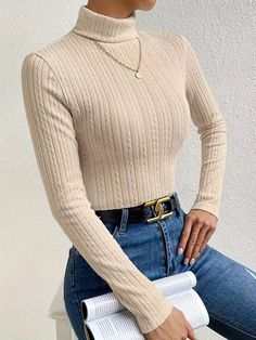 Fitted Casual Winter T-shirt, Fitted Ribbed Long Sleeve T-shirt, Fitted Long Sleeve Ribbed T-shirt, Beige Crew Neck Top For Winter, Beige Stretch High Neck Top, Beige High Neck Stretch Top, Trendy Beige High Neck Top, Casual High Neck Stretch T-shirt, Beige Ribbed Crew Neck Tops