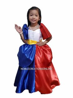 *Please refer to size chart found at end of picture gallery to avoid unnecessary returns leading to loss of time and money. Size chart are actual size of dress/Barong.  Gowns are customizable but needs extra time to make. Thank you for understanding. Kids Filipiniana Dress This Little Princess Filipiniana Gown is inspired by the colors of our flag symbolizing our identity and patriotism with an iconic butterfly sleeves that greatly showcased our Philippine culture. Perfect for school heritage da Filipiniana Ball Gown, Philippine National Costume, Filipiniana Gown, Philippine Culture, Barong Tagalog, Miss Philippines, United Nation, Class Door, Filipiniana Dress