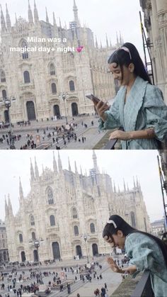 two pictures of a woman using her cell phone in front of a building with people walking around