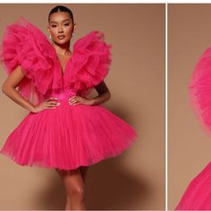 Brand New- Perfect Condition Tulle Mini Dress Deep V-Neck Back Zipper 89% Polyester 11% Spandex Pink Dress Elegant Short, Pink Barbie Dress, Tulle Puff Sleeves, 2020s Fashion, Tulle Dress Short, Barbie Pink Dress, Dress Deep V Neck, Shooting Studio, Short Party Dresses