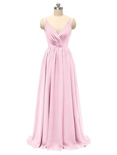 a long pink dress on a mannequin with a v - neck and straps