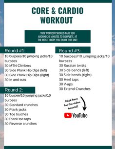 the core and cardio workout plan for beginners is shown in this graphic style