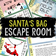 the santa's bag escape room game is shown in front of a pile of cards