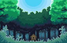 a pixel art scene with trees and a small cabin in the woods under a blue sky