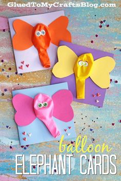 three different paper crafts with the words balloon elephant cards on them and an image of a butterfly