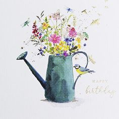 a watercolor painting of a watering can with flowers in it and a bird perched on the handle