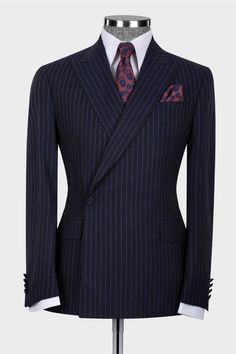 Shop the chic dark navy one button striped peaked lapel men suit at luvdress.com. Made with dark navy polyester blend, this suit is perfect for business occasions. The suit is available in various sizes and supports customers to take their own measurements. With its chic, bold, fashion-forward, and sophisticated style, it offers a confident and stylish look for the modern man. This dark navy suit with stripes and a peaked lapel is a timeless choice for any business event. Gold Prom Suit, Purple Prom Suit, White Prom Suit, Pink Prom Suit, Red Prom Suit, Blue Prom Suit, Dark Navy Suit, Green Wedding Suit, White Wedding Suit