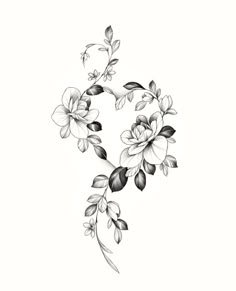 a black and white drawing of flowers in the shape of a letter s on a white background