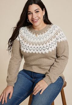 Plus Size Fair Isle Eyelash Crew Neck Sweater | maurices Eyelash Sweater, Sweater Brown, Feel Pretty