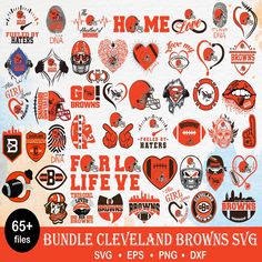 the cleveland browns svg bundle is shown in red and black, with many different logos