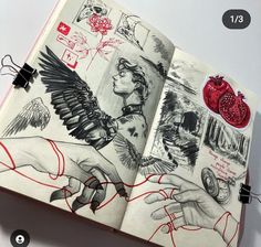 an open book with drawings on it