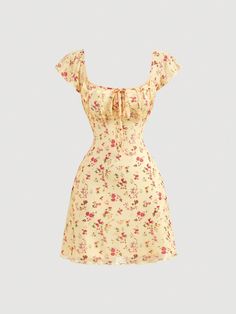 Women's Vintage Floral Print Knotted Chest Ruched Round Neckline Sleeveless Dress For Summer Yellow Boho  Cap Sleeve Knitted Fabric Floral,Plants,Ditsy Floral,All Over Print A Line Medium Stretch  Women Clothing, size features are:Bust: ,Length: ,Sleeve Length: Yellow Clothes Aesthetic, Floral Dress Summer Short, Floral Dress Short, Yellow Vintage Dress, Yellow Summer Dress, Tropical Dresses, Yellow Clothes, Italian Dress, Dressy Casual Outfits