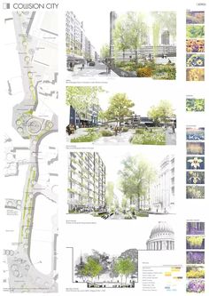 an architectural drawing shows the various stages of building and trees in different sections, including buildings