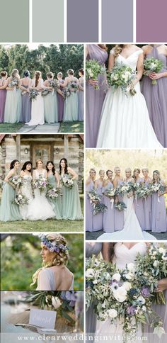 the bride and her bridals are all dressed in pastel blue, lavender and green