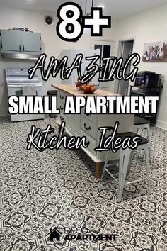 the kitchen floor is painted in white and has an island with drawers on it that says 8