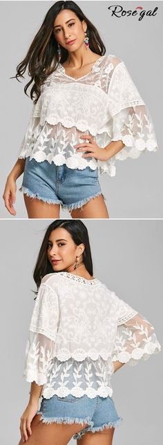 Free shipping worldwide.Lightweight and sheer blouse featured in a v neck silhouette with lace crochet detailing. Pair it with jeans and sandals to complete this casual look! #blouse #seethrough #womensfashion