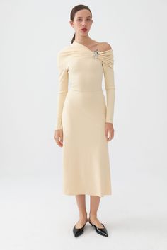 A contemporary twist on the classic one-shoulder dress, this slim-fit midi dress is adorned with a nickel stone metal accessory design that's bound to attract attention. It features a full-fit, lining, long sleeves, and a hidden inseam zipper closure, all without pockets for a sleek silhouette. Main Material: %100 Polyester Lining: %95 Polyester %5 Lycra Trim: No Trim Washing & Care Instructions: Bleaching is Not Recommended, Drying in a Dryer Machine is not Recommended, Steam Ironing at Low Temperature is Recommended, Sensitive Dry Cleaning is Recommended, Washing is Not Recommended Twist Dress, Accessory Design, One Shoulder Midi Dress, Yellow Midi Dress, Fitted Midi Dress, Stocking Fillers For Her, Independent Designers Fashion, Nordstrom Dresses, Bridal Collection