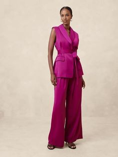 Silky Tie-Waist Vest | Banana Republic Factory Womens Floral Suit, Black Tie Optional Attire, Power Dressing Women, Womens Dressy Pants, Summer Cocktail Attire, Dressy Pant Suits, Waist Vest, Silky Pants, Ss 2024