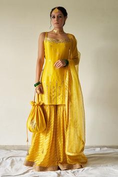 Shop for Kanika Sharma Yellow Pure Dupion Embroidered Kurta Set for Women Online at Aza Fashions Mayon Dress, Haldi Dresses, Yellow Sharara, Yellow Kurta, Haldi Outfit, Georgette Dupatta, Yellow Outfit, Indian Couture, Handwoven Fabric