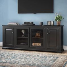 an entertainment center with a flat screen tv mounted on the wall and a rug in front of it