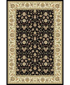 a black rug with white and gold accents