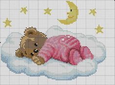 a teddy bear laying on top of a cloud with stars and moon in the background