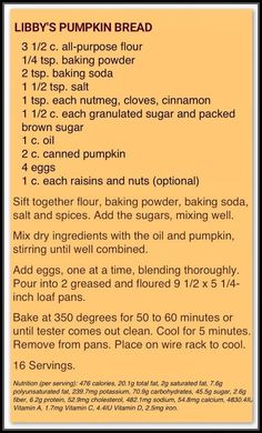 a recipe for pumpkin bread with instructions on how to bake it in the oven