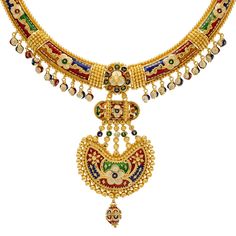 Add this vibrant Indian bridal jewelry set to your gown for your most important day! The Meenakari print made from colorful enamel brings a rich look of cultural egenace to this 22k gold jewelry design. Features • 22k yellow gold • Enamel • Meenakari print • BeadingVirani Jewelers bridal jewelry made from 22k gold brings together the beauty and significance of Indian culture and traditions. Find more beautiful 22k gold Indian bridal jewelry like this Meenakari jewelry set on our website.Specific Festive Multicolor 22k Gold Bridal Necklace, Ceremonial 22k Gold Multicolor Jewelry, 22k Yellow Gold Kundan Necklace With Meenakari, Traditional Yellow Gold Jewelry With Meenakari, Traditional 22k Gold Meenakari Jewelry, Traditional Meenakari Yellow Gold Jewelry, Elegant Meenakari Bridal Necklace For Traditional Ceremonies, Ceremonial Kundan Meenakari Necklace In Yellow Gold, Yellow Gold Kundan Temple Necklace With Meenakari