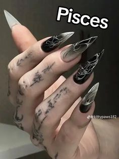 Goth Marble Nails, Long Dark Acrylic Nails, Long Grunge Nails, Corporate Goth Nails, Edgy Nails Black, Goth Nails Grunge, Black Nails Stiletto, Stiletto Nails Black, Unusual Nails