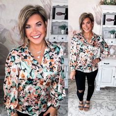 Nothing says spring like flowers in full bloom, and this blouse is your chance to blossom. With its relaxed fit, collared neckline, and smocked cuff long sleeves, this flowy top is as carefree as a sunny day. But the real star of the show is its... Spring Multicolor Blouse With Collared Neckline, Spring Balloon Sleeve Blouse With Smocked Cuffs, Spring Multicolor Blouse With Smocked Cuffs, Flowy Blouse With Smocked Cuffs For Spring, Chic Tops With Floral Print And Collared Neckline, Green Blouse With Blouson Sleeves For Spring, Flowy Button-up Top For Spring, Spring Blouse With Smocked Cuffs And Relaxed Fit, Spring Long Sleeve Blouse For Brunch