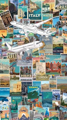 a collage of travel posters with an airplane in the middle