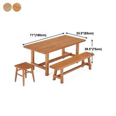 a wooden table and two benches with measurements for each piece in front of the table