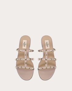 Valentino Garavani Rockstud flat sandal in calfskin leather. - Platinum-finish studs - Heel height 5 mm/0.25'' - Made in Italy Designer Studded Flats, Designer Open Heel Sandals With Studs, Luxury Studded Sandals For Spring, Designer Studded Flat Sandals, Studded Flat Heel Sandals, Akito Sohma, Valentino Flat Sandals, Valentino Slides, Valentino Flats