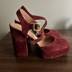 Beautiful Wine Red Suede Heel. Never Worn! I Ordered These Online And When They Arrived The Heel Was A Little Too Tall For Me So They Were Never Worn Out Of The House. Dark Red High Heels, Red Suede Heels, Black Patent Leather Pumps, Colorful Heels, Black Platform Heels, Red High Heels, Snakeskin Heels, Studded Heels, Leather Heels Sandals