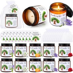 the candle is surrounded by many different types of candles and packagings for each product