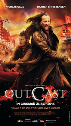 the movie poster for outcast with two men holding swords in front of an ocean