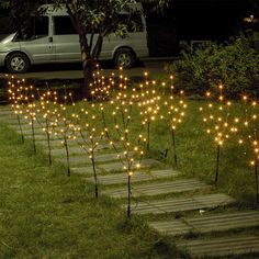 some lights that are in the grass near a tree and car parked on the street