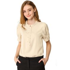 Made of soft chiffon, this blouse from Allegra K draws on a simple aesthetic with feminine touches. With a solid hue and classic fit, this short-sleeve shirt is a good choice for an effortless warm-weather style. Style it perfectly with your favorite high heels and trousers for a chic look. This henley shirt boasts a classic look with a modern design made specifically for comfort and style. Office Tops Blouses, Ruffle Shirts Blouses, Top Puff Sleeve, Ruffled Shirt, Office Top, Office Blouse, Puff Sleeve Shirt, Ruffle Shirt, Puff Sleeve Blouse