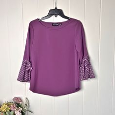 Classy Long Sleeve Blouse By 7th Avenue Design Studio By New York & Company! Mint Condition Smoke Free Home Light And Airy Polka Dotted Ruffled Sleeves Over All Light Weight Material Please Refer To Photos For Measurements Sku E-1 Cheap Purple Blouse For Fall, Cheap Purple Blouse For Work, Cheap Purple Blouse For Workwear, Avenue Design, Purple Long Sleeve, Ruffled Sleeves, Shop Blouses, Mint Condition, Design Studio