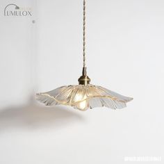 a light that is hanging from a chain on a white wall with the words unluox above it