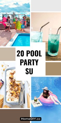 Explore 20 fun pool party ideas that include delicious no-churn honeycomb ice cream and fun games for kids. This pin features four engaging images showcasing a variety of DIY crafts and activities perfect for your summer pool gatherings.