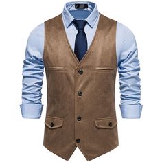 The solid color suede leather suit vests are a stylish and versatile wardrobe piece that can create a trendy and handsome outfit. Pair with tailored trousers, dress shirts and boots to make a fashionable and charming look. The solid color suede vests are suitable for dates, parties, weddings, daily wearing, shows, graduations, etc. Brown Vest Men, Suede Suit, Mens Vest Casual, Business Vest, Leather Waistcoat, Waistcoat Men, Mens Suit Vest, Vest Men, Brown Vest