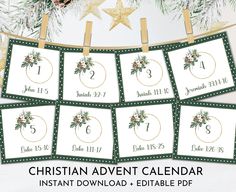 the christmas calendar is hanging on a clothes line with gold stars and greenery around it