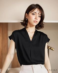 Lasaky - Premium Mulberry Silk V-Neck Short Sleeve Blouse - Elegant and Sophisticated Silk T-Shirt Black Blouse Short Sleeve, Black Silk Blouse, Silk Tee, Silk Pattern, Silk T Shirt, Silk Shorts, Casual Work Outfits, Tshirt Outfits, Casual Blouse